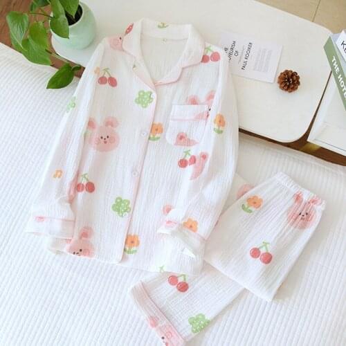 Ladies' Home Wear Women Set Cotton Gauze Crepe Fresh Lapel Long-sleeved Trousers, Gauze Thin Spring and Summer Thin Pajamas Set