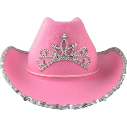 Western Pink Tiara Cowgirl Hat for Women Girl Wide Brim Cowboy Cap Fedora Caps Holiday Costume Party Hat Play Dress Up