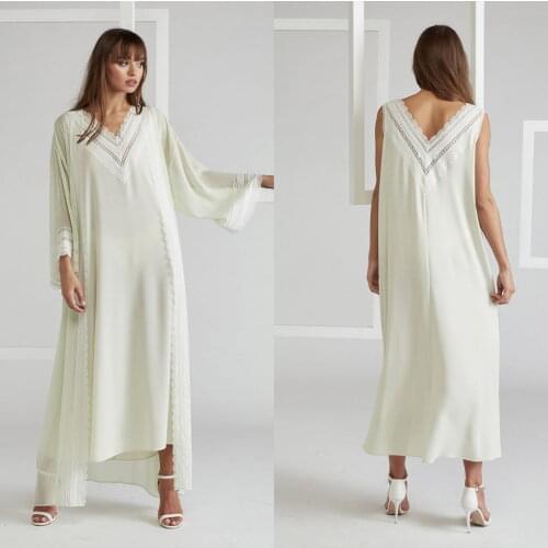 Two Pieces Summer Women Sleepwear Custom Made Long Sleeves with Sash Lace Edge Designer Evening Gown