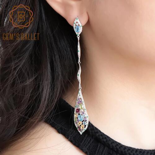 GEMS BALLET New Multicolor Natural Blue Topaz Amethyst Peridot Citrine 925 Sterling Silver Fashion Long Drop Earrings For Women