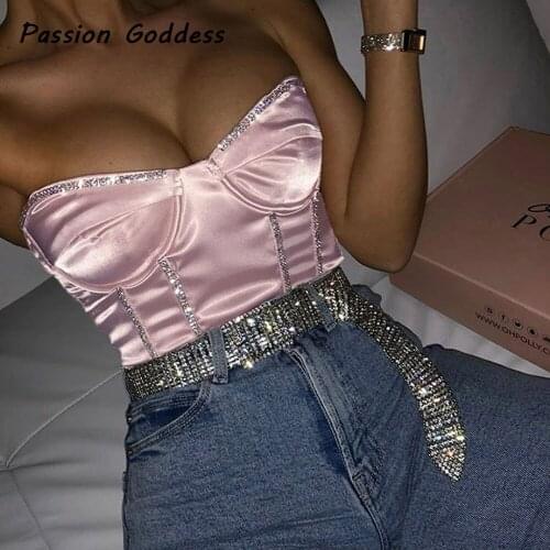 Women Bling Diamond Strapless Bandeau Cute Pink Off Shoulder Tube Tops Bodycon Hot Drilling NightClub Cropped Top Blusa Bustier