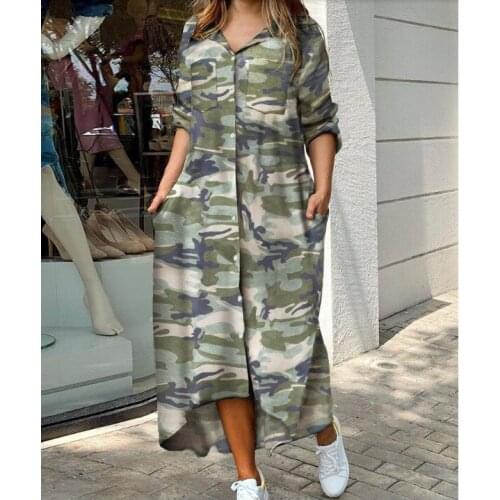 Women Spring Summer Shirt Dress Multi Colors Casual Long Sleeve Print Oversize Pockets Long Dress Sexy Office 2021 Maxi Dress