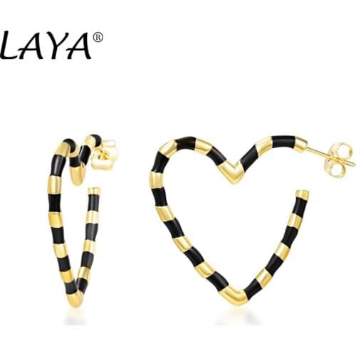LAYA Real 925 Sterling Silver Heart-shaped Black Enamel Hoop Earrings For Women Wedding Birthday Luxury Jewelry 2021 Trend