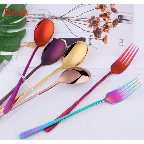 2 Pcs/set Dinner Fork Stainless Steel Fork And Spoon Set Gold Dinnerware Kitchen Utensil Colorful Spoon Safety Adult Flatware