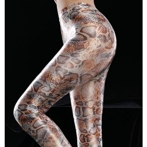 2021 Leopard Spandex GLOSSY Pantyhose Shiny High Waist Tights Sexy Stockings Yoga Pants Training Women Sports Leggings Fitness