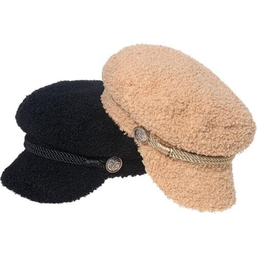 2021 octagonal hat lamb hair female autumn and winter pure color navy hat warm newsboy painter hat chain octagonal hat