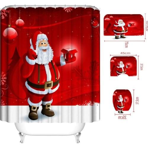 4Pcs Shower Curtain Christmas Santa Claus Bathroom Curtain Waterproof Polyester Green Curtain Hook Shower Plants