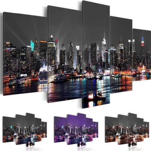 Canvas Painting Wall Art 5 Pieces New York City Construction Scenery Pictures Prints Night View Poster Home Decor Room Modular
