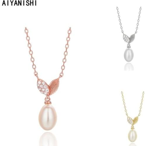AIYANISHI 925 Sterling Silver Shell Pearl Leaves Pendant Necklace Engagement Natural Pearl Pendant Necklace Romantic Jewellery