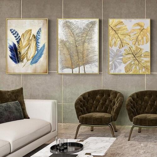 American Retro Colorful Bird Feather Yellow Plant Leaves Canvas Painting Sofa Background Wall Picture Poster Room Decoration