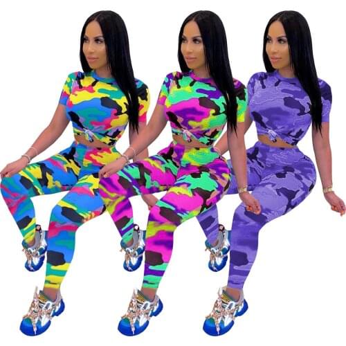 AR5703 European and American 2021 sexy womens fashion camouflage printed short-sleeved T-shirt sports and leisure suit