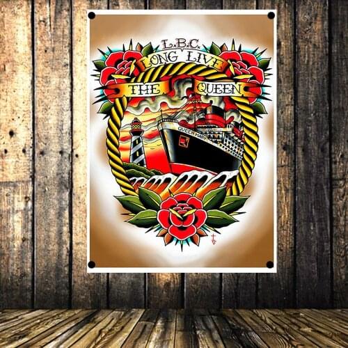 LONG LIVE THE QUEEN Banners Flag 4 Gromments in Corners Canvas Painting American Neo Traditional Tattoo Gun Art Poster Tapestry