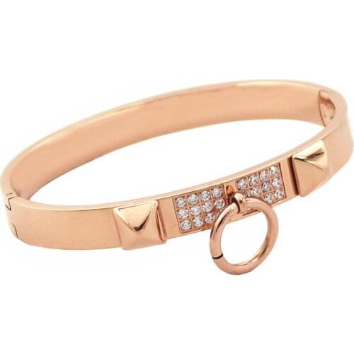 Women Hand Luxury Jewelry Stainless Steel Rivets Taper CNC Pave Zircon Blank Bangle Bracelet Gold Tone