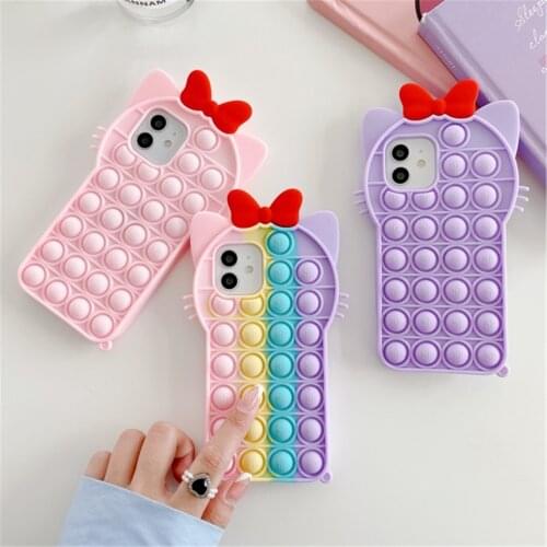 Cute Cat 3D Bow Reliver Stress Bubble Phone Case for iPhone 11 12 Pro Max X XR XS 6 7 8 Plus Push Soft Silicone Shockproof Cover