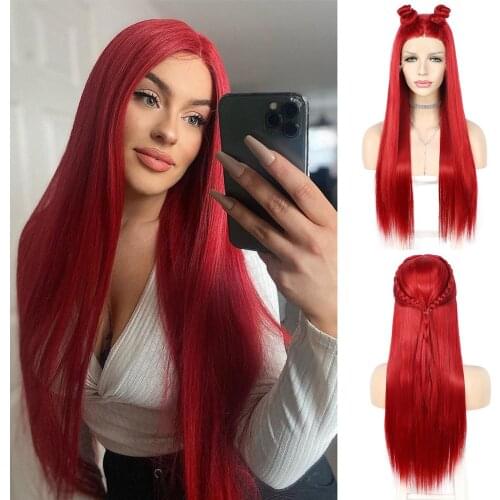 Krismile Long Straight Red Synthetic Lace Wig T Middle Parting Wig Daily Wear for Women Cosplay Party Heat Resistant Make Up