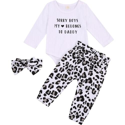 Infant Newborn Baby Girl 3Pcs Set Clothes Long Sleeve Letter Print Bodysuits Leopard Pants Headband Valentine Day Spring Autumn