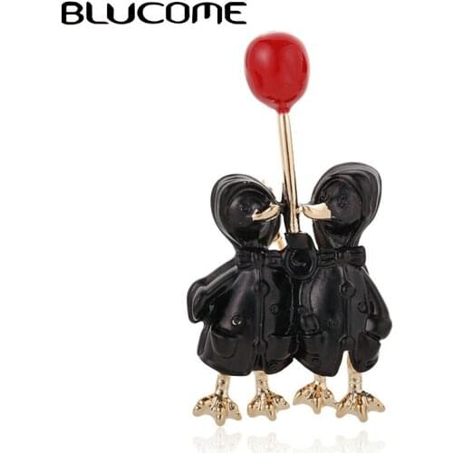 Blucome Enamel Double Ducks With Balloon Brooches For Women Kid Men Gold Color Animal Couple Wedding Jewelry Banquet Brooch Pins