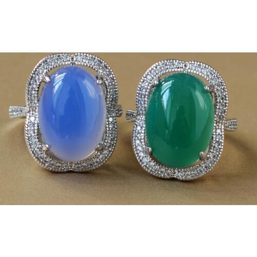 Drop Shipping Womens blue Chalcedony Ring Natural Green Agate Egg Sliver S925 Jade Ring Gift for Females Fine Jewelry
