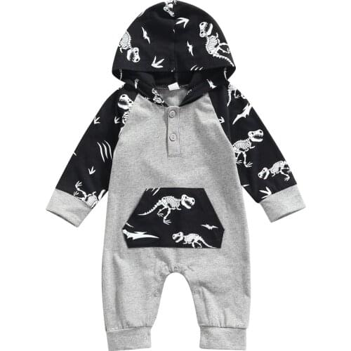 Toddler Hooded Jumpsuit with Dinosaur Cartoon Animal Print Loose Fit Casual Style Spring Clothing