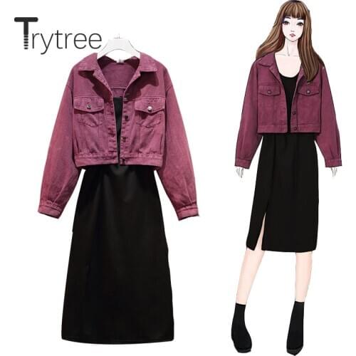 Trytree 2020 Autumn Winter Two piece set Casual Turn-down Collar Cowboy Coat Top + Sling Dress A-line Office Lady 2 Piece Set