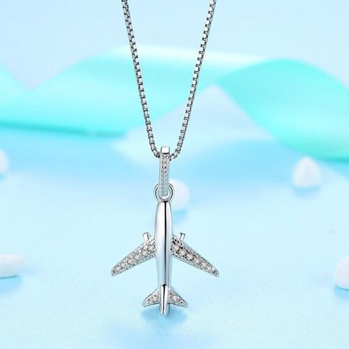 MetJakt 925 Sterling Silver airplane jewelry inlaid with Zircon Pendant Necklace