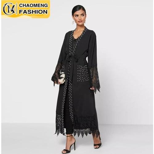 Middle East Fashion Dubai Abaya Muslim Women Lace Tassel Sleeve With Peals Design Kimono Islamic Clothing Ramadan Turkey Arab