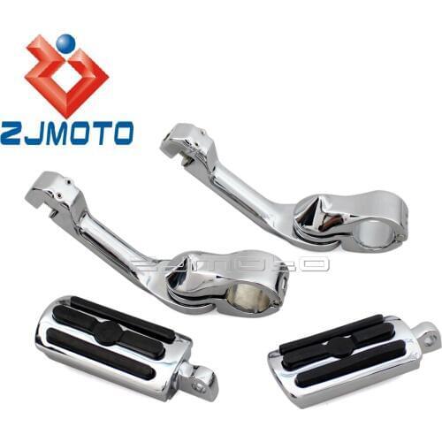 1 Set Motorcycle Chrome 1-1/4" Highway Engine Guard Long Angled Adjustable Foot Pegs Foot Rests w/ Mount Kit 1.25" For Harley