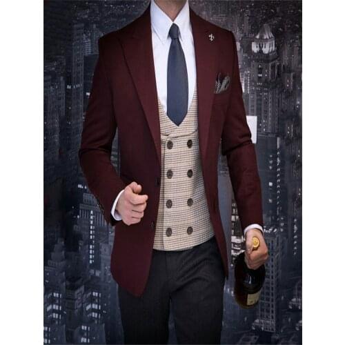 Two Buttons Men Suits Burgundy and Dark Grey Groom Tuxedos Peak Lapel Groomsmen Wedding Best Man ( Jacket+Pants+Vest+Tie ) C714
