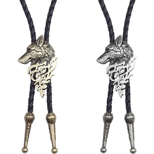 Vintage Wolf Head Bolo Bow Tie for Men Shirt Collar Chain Mens Necklace Metal Neckties Leather Rope Bowtie Cowboy Male Jewelry