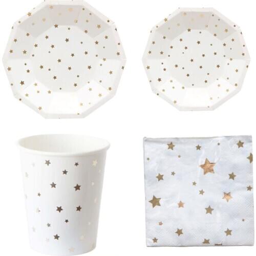 Metallic Star Moon Disposable Tableware Set Paper Plates Cups Napkins for Birthday Bridal Shower Children Party Decoration Xmas