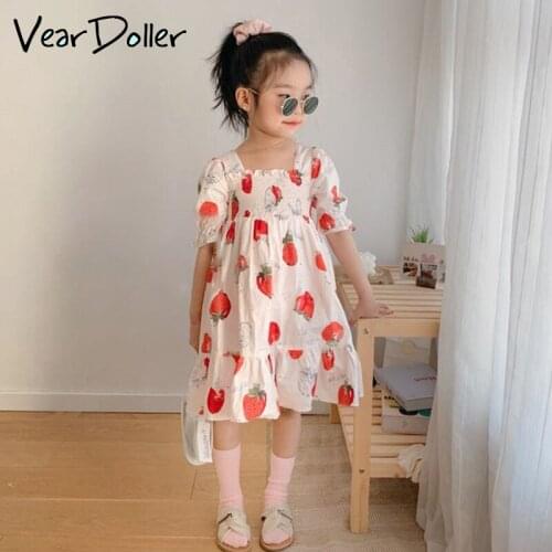 VearDoller Girls Casual Dresses 2021 Summer New Arrival Childrens Clothing Cute Strawberry Print Childrens Bow Princess Dress