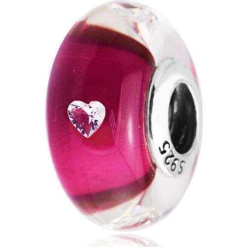 QANDOCCI Fits For Pandora Bracelets Cerise Heart Murano Galss Beads 100% Sterling Silver Charms Free Shipping