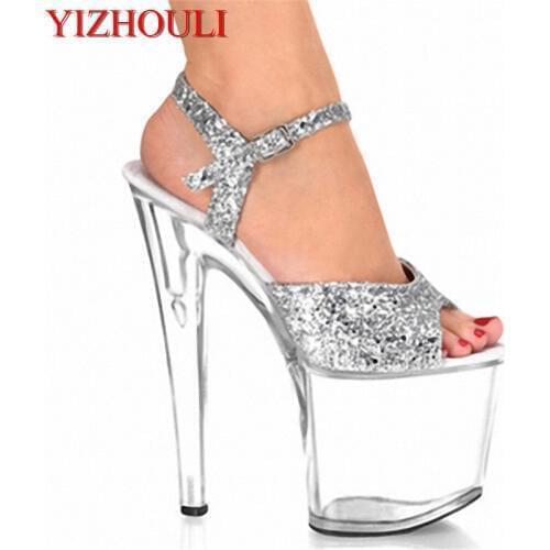 20cm platform glass slipper, 8in heels sexy women fashion dancer slipper, sequined vamp party sandals