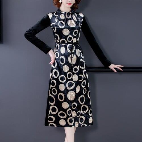 2021 Vintage Black Dot Gold Velvet Midi Dresses Autumn Winter Casual 4XL Plus Size Dresses Elegant Women Bodycon Party Vestidos