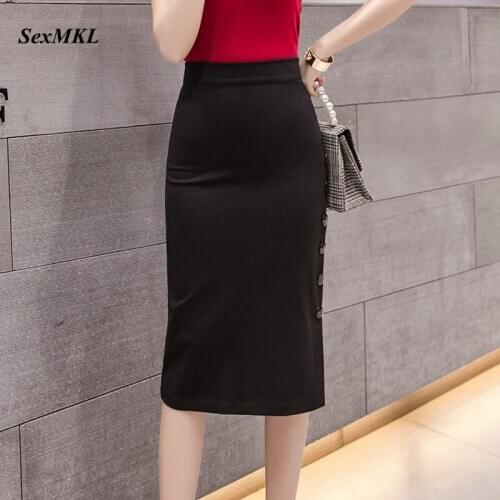 Plus Size Pencil Skirt Black 2020 Korean Fahsion Button High Waist Long Skirts Womens Cloting Slim Bodycon Office Work Red Skirt