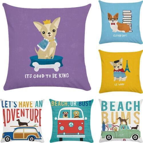Hot Sale Pillow Lovely Cartoon Dog Driving Car Vintage Almofadas 45X45CM Linen Pillow Decorative Polyester Cushion Cover CR92
