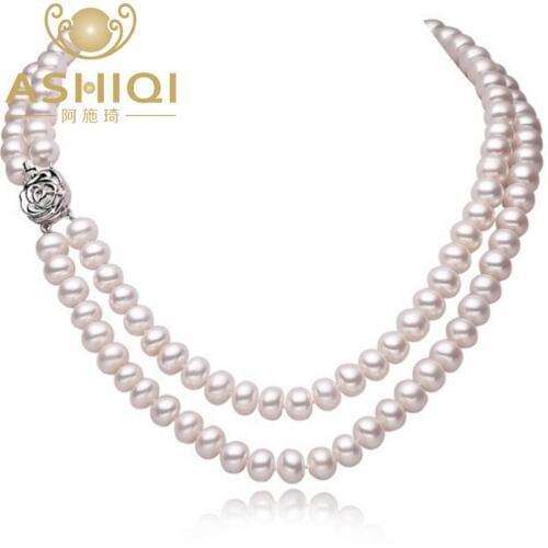 ASHIQI Real Natural Freshwater Pearl Choker Necklaces for Women with Clasp 2 Rows Flower Gold-plated Buckl Jewelry Mothers Gift