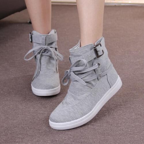 Women Casual Canvas Boots Flat Shoes Solid Ankle Boots Platform Black Gray Autumn Plus fleece high-top shoes