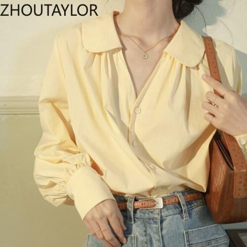 ZHOUTAYLOR Women Tops Turn-down Collar Office Lady Full Sleeve Blouses Femme Single Breasted Straight Autumn New Tops Female