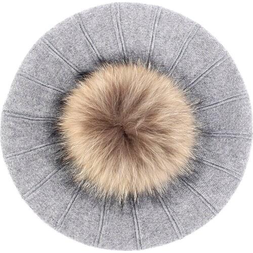 Women Wool Blend Beret Hat Solid Color Slouchy Winter Fashion Hats French Bonnet Caps for Girls Lady with 15cm Real Fur Pompom
