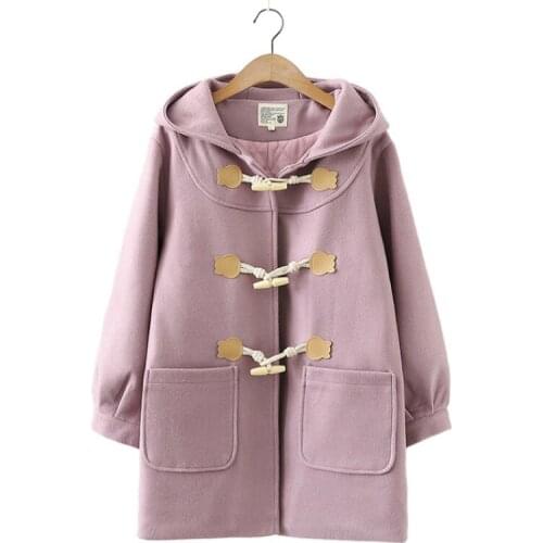 Purple Solid Warm Wool Blends Long Hooded Coat Straight Women 2020 Winter Horn Button Long Sleeve Casual Female Warmness Outwear