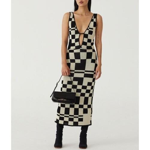 Womens Knitted Dress Sexy Party Dresses Backless Plaid Print Strap Hollow Out Vestidos Summer Women Dresses