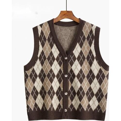Urifens Autumn And Winter 2021 New Diamond Jacket For Womens Plaid Vest V-Neck Sweater Vintage Chic Korean Outwear Vest BN37U