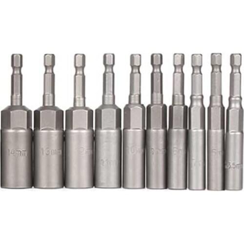 10Pc 1/4 Inch Wrench Hex Bit Socket Set Deep Long 1/2 Inch Impact Drill Socket Adapter Drill Bits