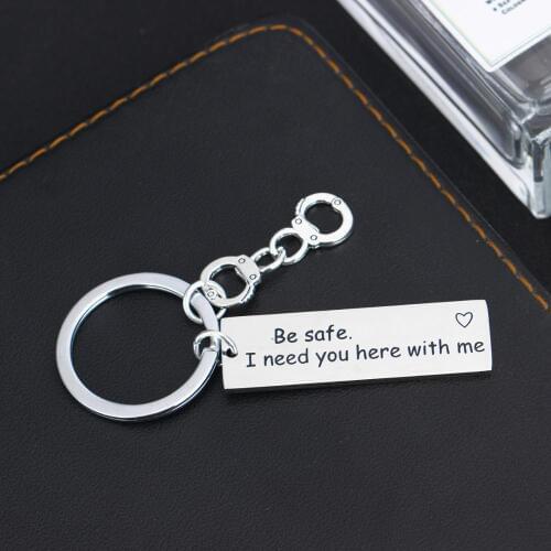 12PC Police Key Chain Engraved Words Be Safe I Need You Here With Me Stainless Steel Keychains Keyrings Handcuffs Pendant Gifts