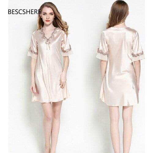 BESCSHERE Night Dress Satin Silk Nightwear Women Nightgowns Lace Sexy Sleepwear Sleeping Dress Padded Nightdress Summer Pyjamas