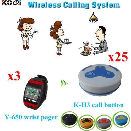 Wireless table calling waiter system for restaurant with 433.92Mhz 3 wrist watch + 25 customer call button