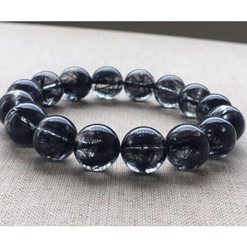 13mm Genuine Natural Black Rutilated Quartz Crystal Bracelet Clear Round Beads Women Men From Brazil Certificate AAAAAA
