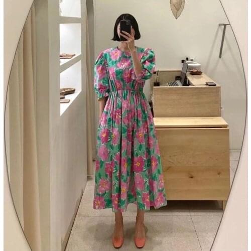 One-Piece Korean Fashion WomenS Dress 2021 Summer New O Neck Puff Sleeve Floral Print Chiffon Dress A-Line Midi Casual Dresses
