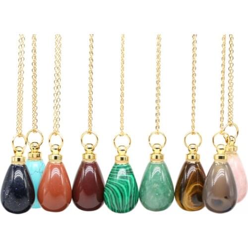 Natural Perfume Bottle Crystal Stone Pendant Necklace Agates Malachite Essential Oil Diffuser Charm Copper Chain Jewelry Gift